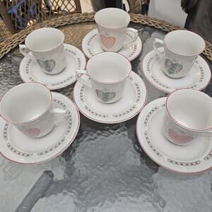 Tienshan Heart Warming Pattern 6 Tea Cups & 6 Saucers 12 Pcs. Discontinued Vtg.
